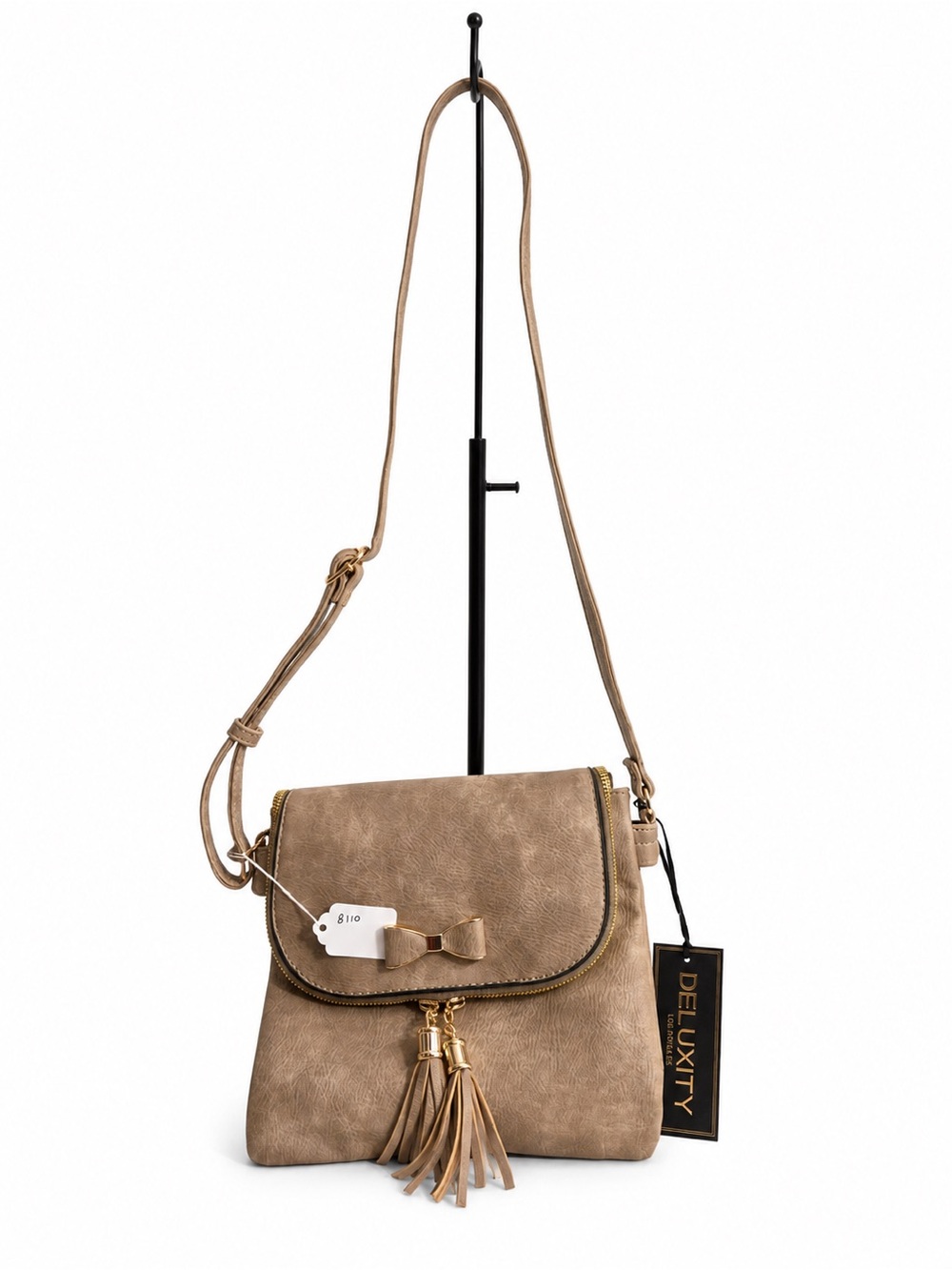 Deluxity Taupe Crossbody Bag with Tassel & Bow